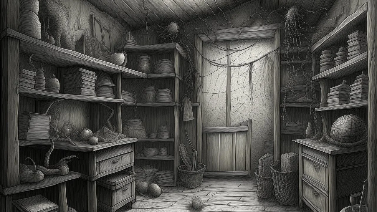 A detailed pencil sketch with elaborate shading and cross-hatching, showing a dimly lit room shrouded in shadows and cobwebs. Strange, otherworldly objects adorn the walls and shelves, creating an air of enigmatic mystery., The faint sound of whispers and rustling can be heard, adding to the sense of foreboding and unease., A feeling of being watched by unseen eyes permeates the scene, sending shivers down the spine.