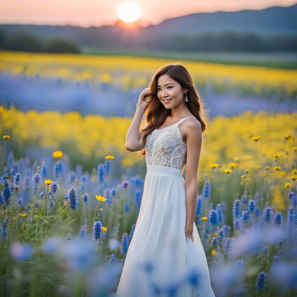 Young woman in flower field in the evening