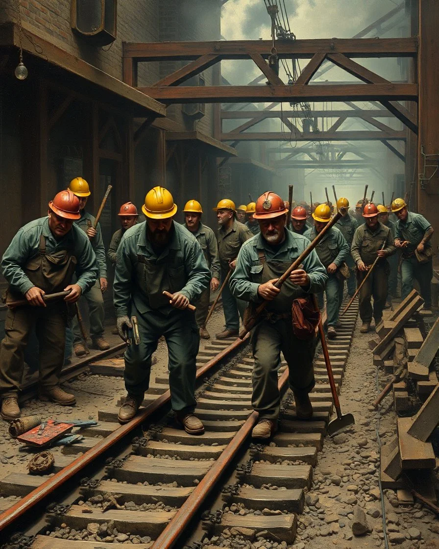 Bosch painting style ,nightmare, a lot of blacksmiths and construction workers holding shavles and construction tools working on train tracks building and digging