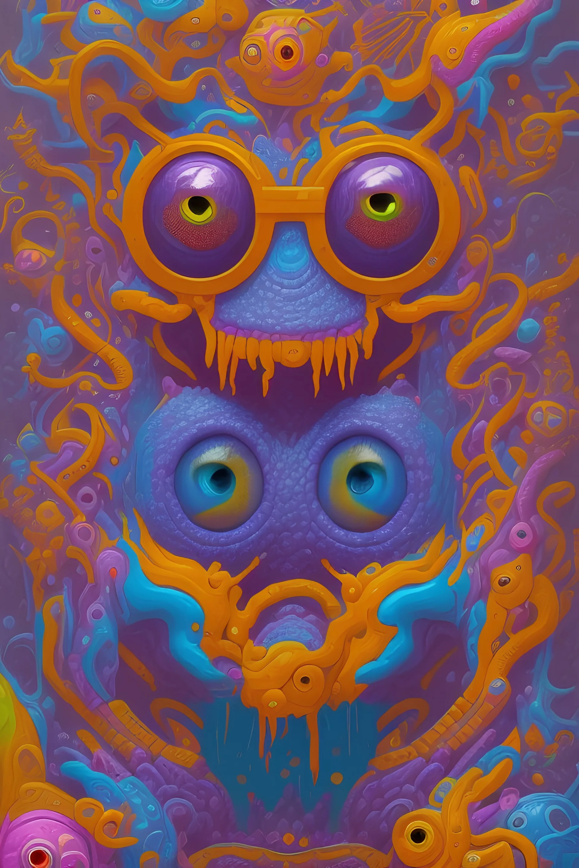 a group of colorful monsters, a stop-motion animation, colorful splashing liquids, yellow, purple, blue, naive art, repeating pattern, maximalist, biomorphic, grotesque, lowbrow, hellish background