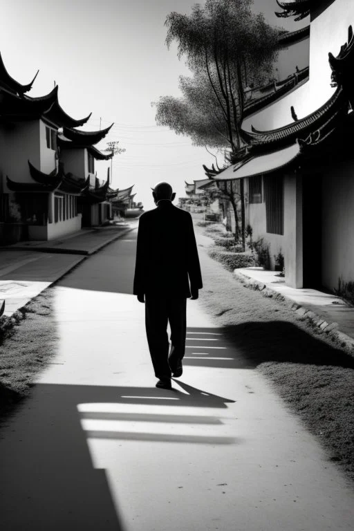 Black & white man walks on road's chinese village with playing light and shadow as ho fan style