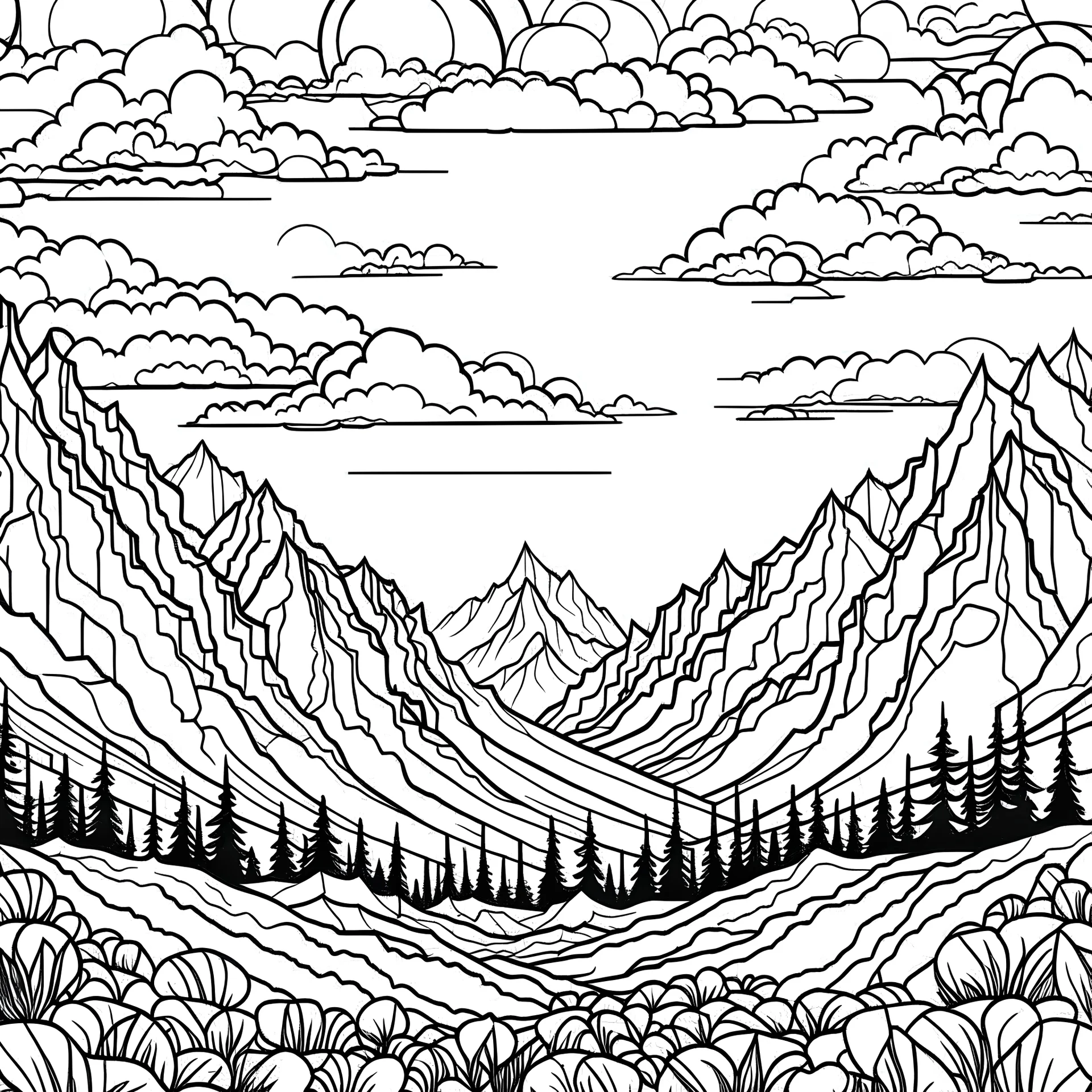 Grand ranges under skies, Clister crisp clear lines, clean line art, line art, Black and white coloring page, for adult, perfect shape, realistic, unique, unique style, masterpiece, variation, clean coloring page, coloring book illustration, no shading, only draw outlines, crisp, full page, use up the entire screen,