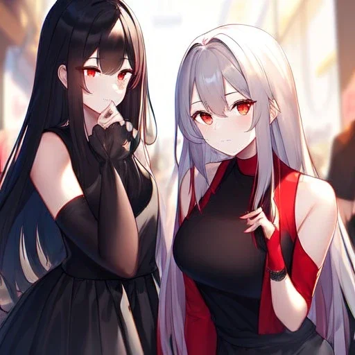 Clear focus,High resolution, black long hair, Vibrant red eyes, Emo style, Black skirt, wearing a black shirt sleeveless, Wearing black and red cutsleeves, Hand near chin