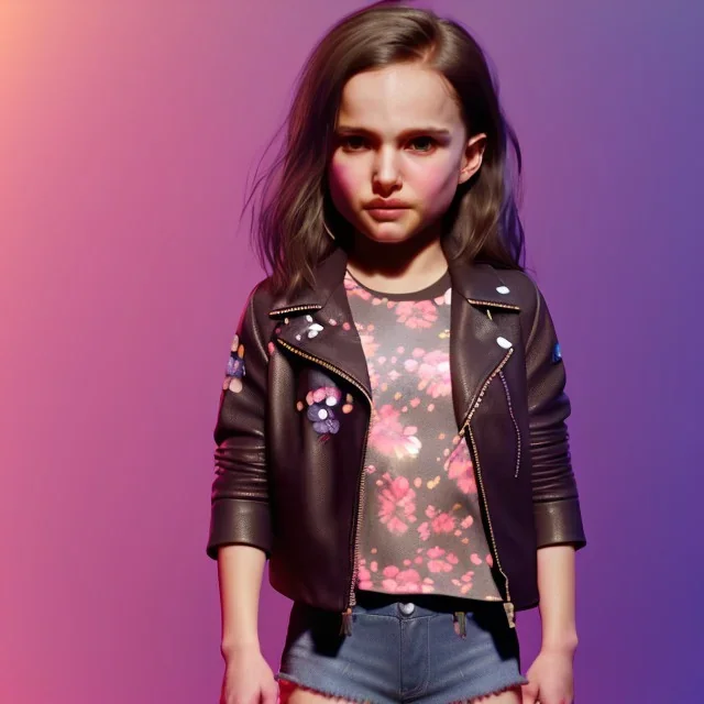 Natalie portman toddler, full body, leather jacket, floral shirt, floral skirt, shoe, soft skin, dramatic lighting, hyper realistic