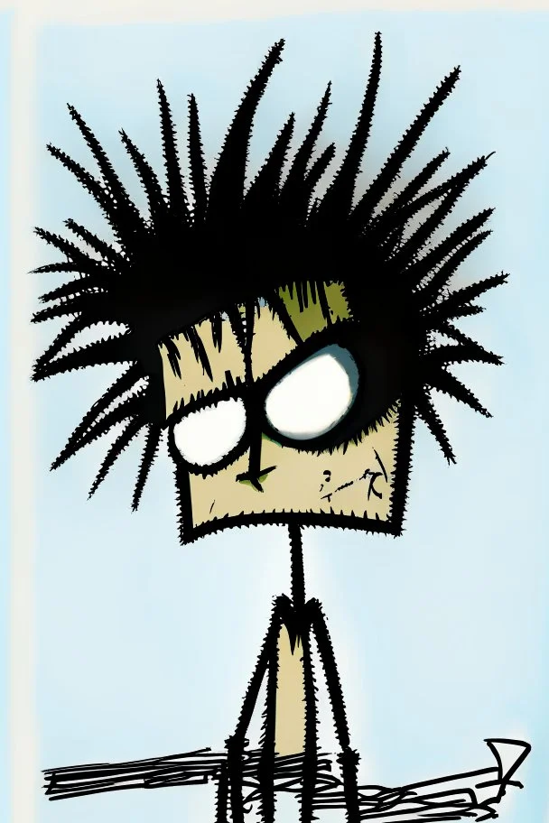 2d drawing of a stickman, cool with punk hair, x eyes like in hangman, standing, slightly bended over and looking back into the camera, close-up ,3d realistic in colour