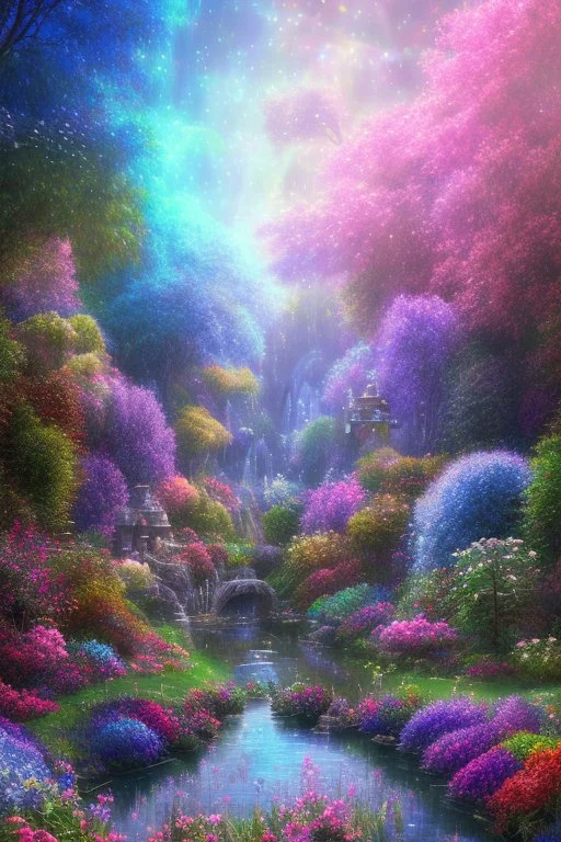 verybeautiful-magical-garden-of-the-angelic-kingdom-blue-and-pink-plants-and-trees-small-river-sunshine-flowers-haze-thumb-rainbow-ufo-bright-colors-light flowers