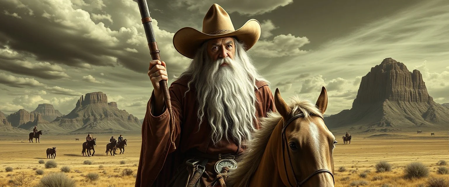 Gandalf as a cowboy in the style of Escher and Giger