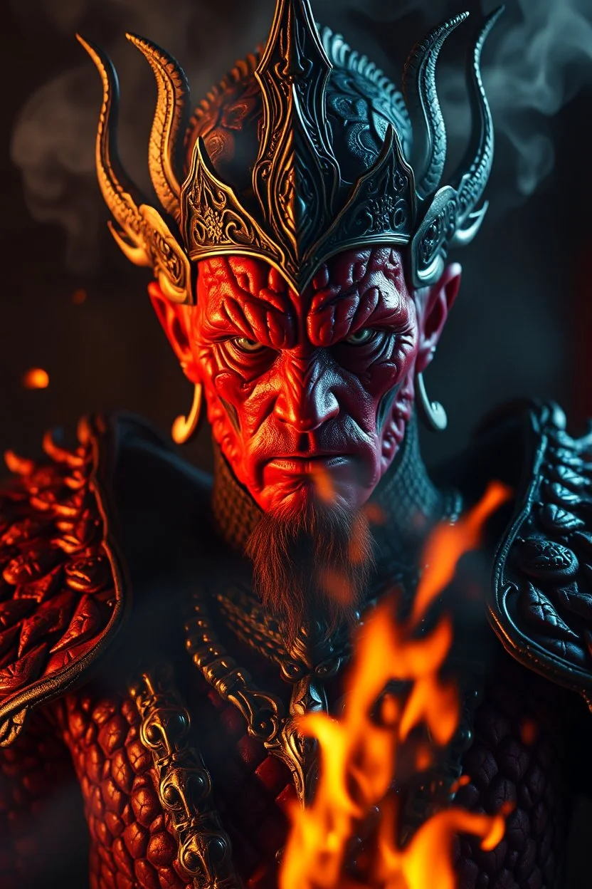 King Charles III, red skin, scales, unreal engine 6, high detail, intricate, cinematic. photoshoot style, intricate, studio lighting, masterpiece , highly detailed, 8k, best quality, fire, smoke, dramatic,d,<lora:mshn:0.7>,<lyco:Warrior_Couture:0.5>,