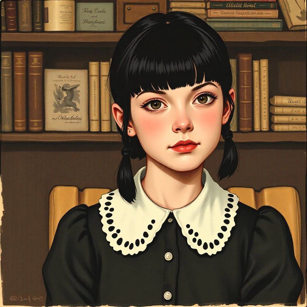 Wednesday addams, with bangs, in the style of Norman rockwell