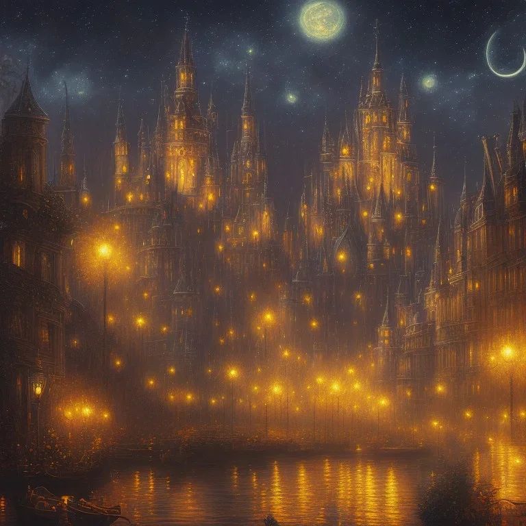 gothic painting of a city in a fantasy starry night photorealistic