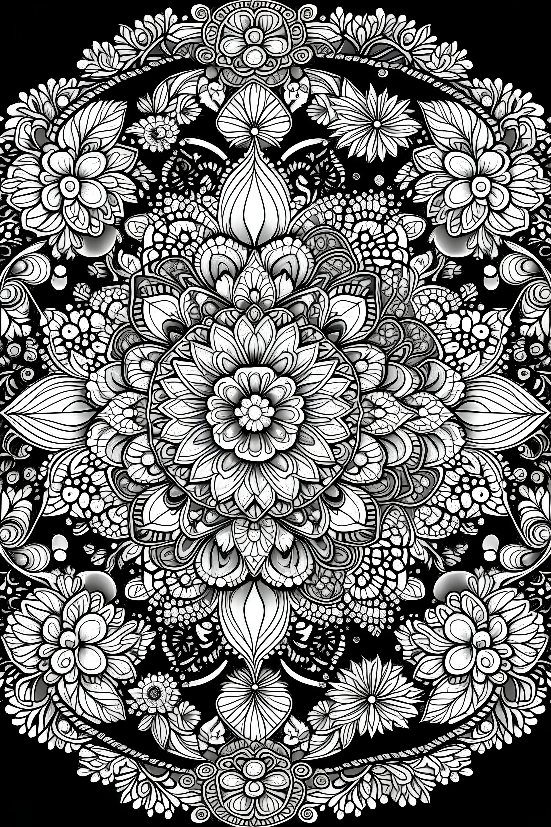 a coloring page, Cosmic Mandala Blossoms with no shades, texture,black background and white outline for the image and do not put any colour