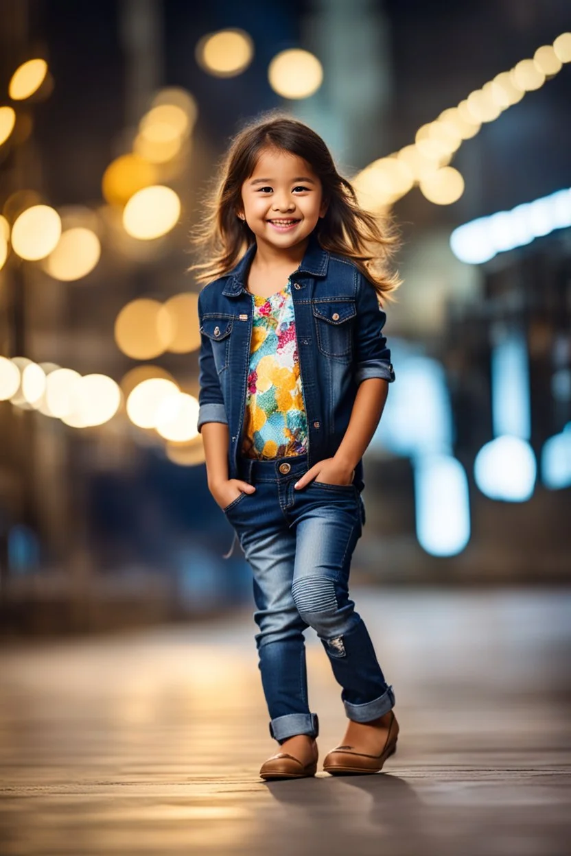 Little 6 years old beautiful girl perfect face,1girl wearing a pretty shirt and jean pant, standing pose,modern city ,night view