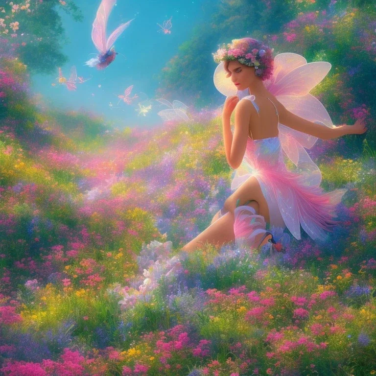 bright fairy in a flowery landscape synthwave, colorful, psychedelic, artstation, concept art, smooth, extremely sharp detail, finely tuned detail, ultra high definition, 8 k