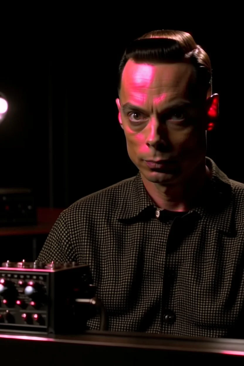 4k, full details realiste. Sheldon cooper en terminator dans un studio de radio en feu