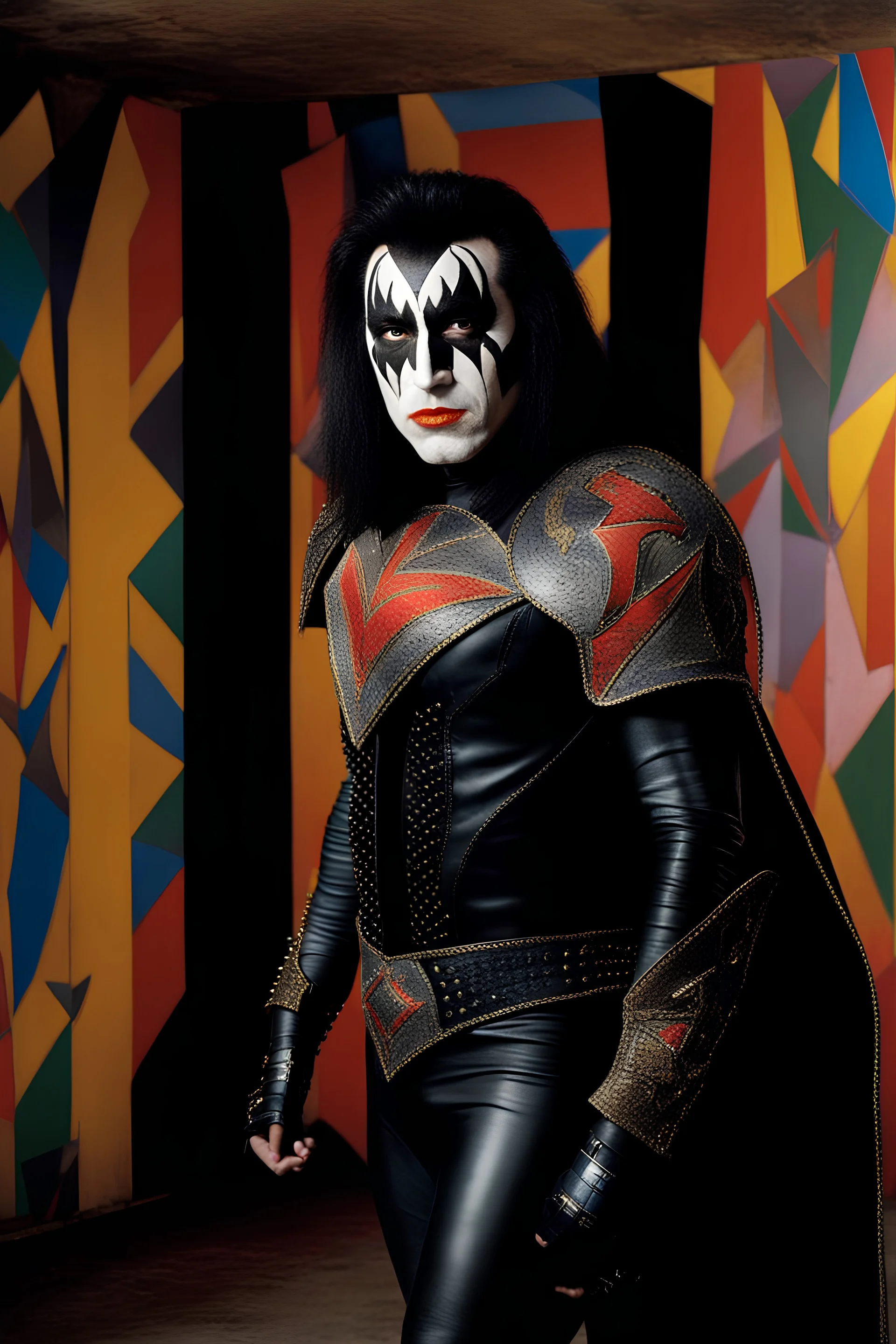 text 'KISS' - head and shoulders portrait, KISS 20-year-old Gene Simmons, black spandex and leather, shoulder and chest armor, black cape, studded codpiece, 8-inch high platform boots, ponytail on top of head, - a multicolored cement wall in the background,