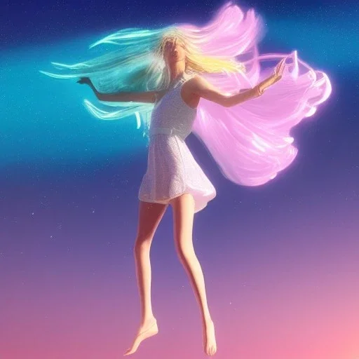 Full body with legs and feet white woman with legs, long blond hair, blue eyes, pink and blue dress in a galactic ambiance, delicate colors in the foreground, full of details, smooth, light effect，vaporwave colorful, smooth, extremely sharp detail, finely tuned detail, ultra high definition, 8 k, unreal engine 5, ultra sharp focus