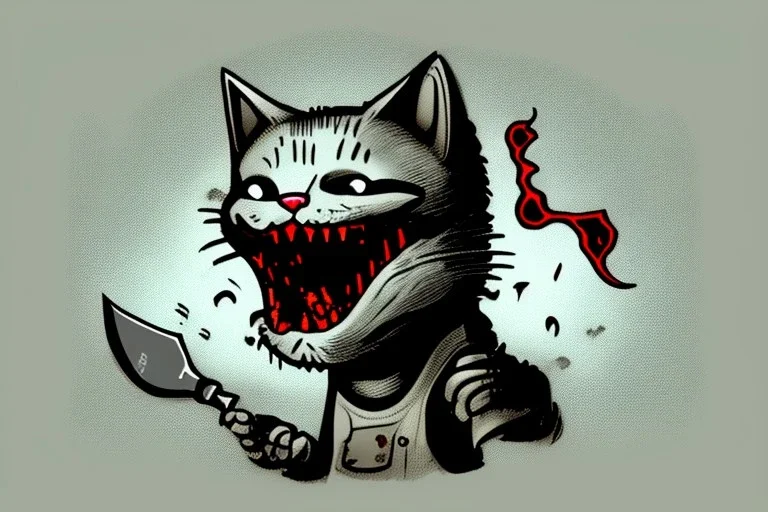 Cat diabolical smiling with a bloody knife with blood. Illustration.