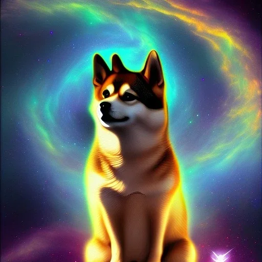 third eye ascension shiba inu doge with heaven glowing aura starry sky lightning