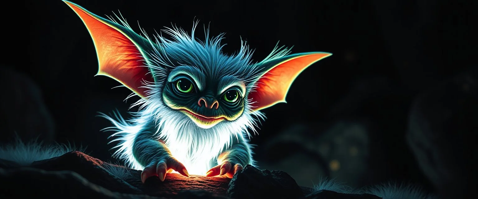pen outline with some neon airbrush, glowing quickling gollum gremlin in the shadows with long fluffy white fur, pin hole camera