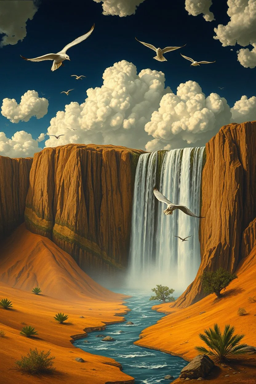 Hieronymus Bosch Style high quality picture waterfall in the desert beautiful clouds with birds hovering above