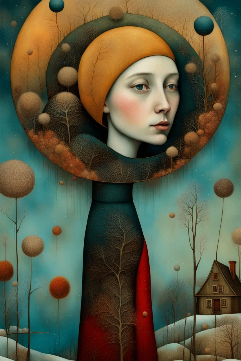 Richly textured Hieronymus Bosch, Catrin Welz-Stein, William Turner, Zdzisław Beksiński, Jacek Yerka oil on canvas zentangle line art style mix, surreal frosted fantasyland winter oceanscape, hoarfrost on trees, high grasses, snow and cottages, withered flowers, pale sunrise; paint splatter, beautiful vibrant colors, reflections, SK, flying seagulls, dramatic clouds, snowfall.