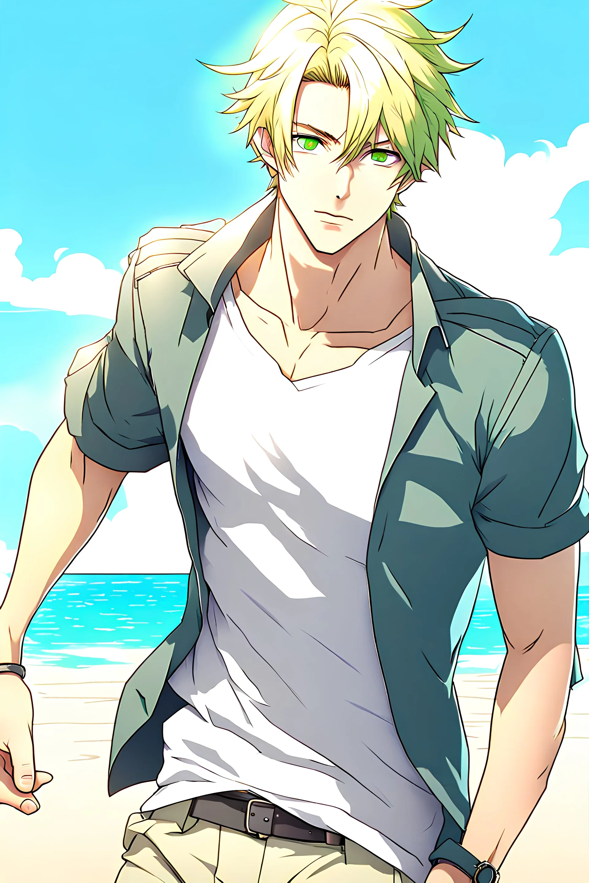 The handsome and perfect portrait is on Spruce Street, anime, blonde-haired and green-eyed male character on the beach for the magazine, 8K resolution, high quality, ultra graphics, and detailed with lines.