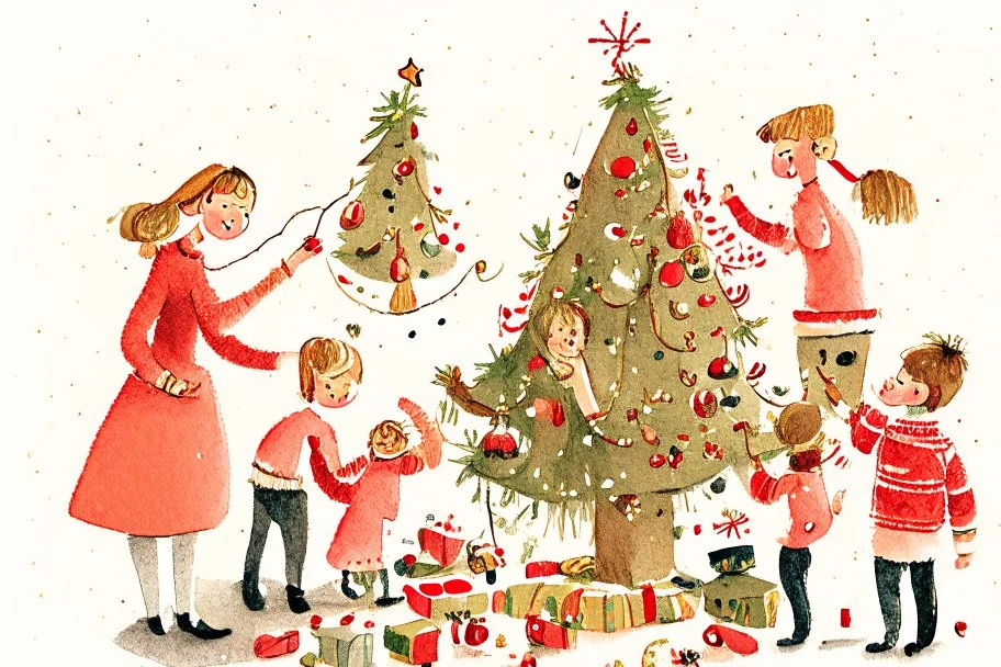 Christmas illustration, whimsical, detailed, warm colors, grainy texture, subject: decorating the christmas tree with a family, white background