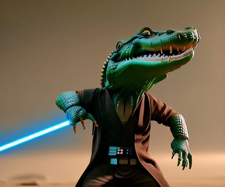 Star wars animation, crocodile, scale, samurai robe, holding lightsaber, hands, wrist gauntlets