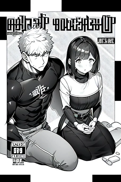 manga chapter cover, a boy is sitting on the ground next to a girl, greyscale