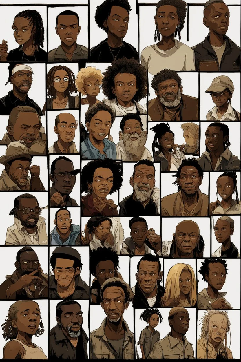 Give me the art-style of the boondocks with a poster of the main cast from TWD Series.