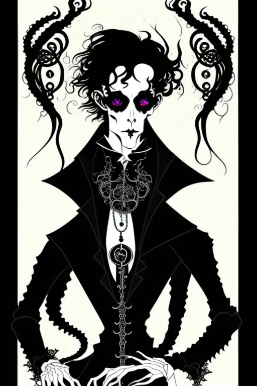 gothic creepy handsome black haired warlock with gothic jewelry and tentacle hands in the style of aubrey beardsley