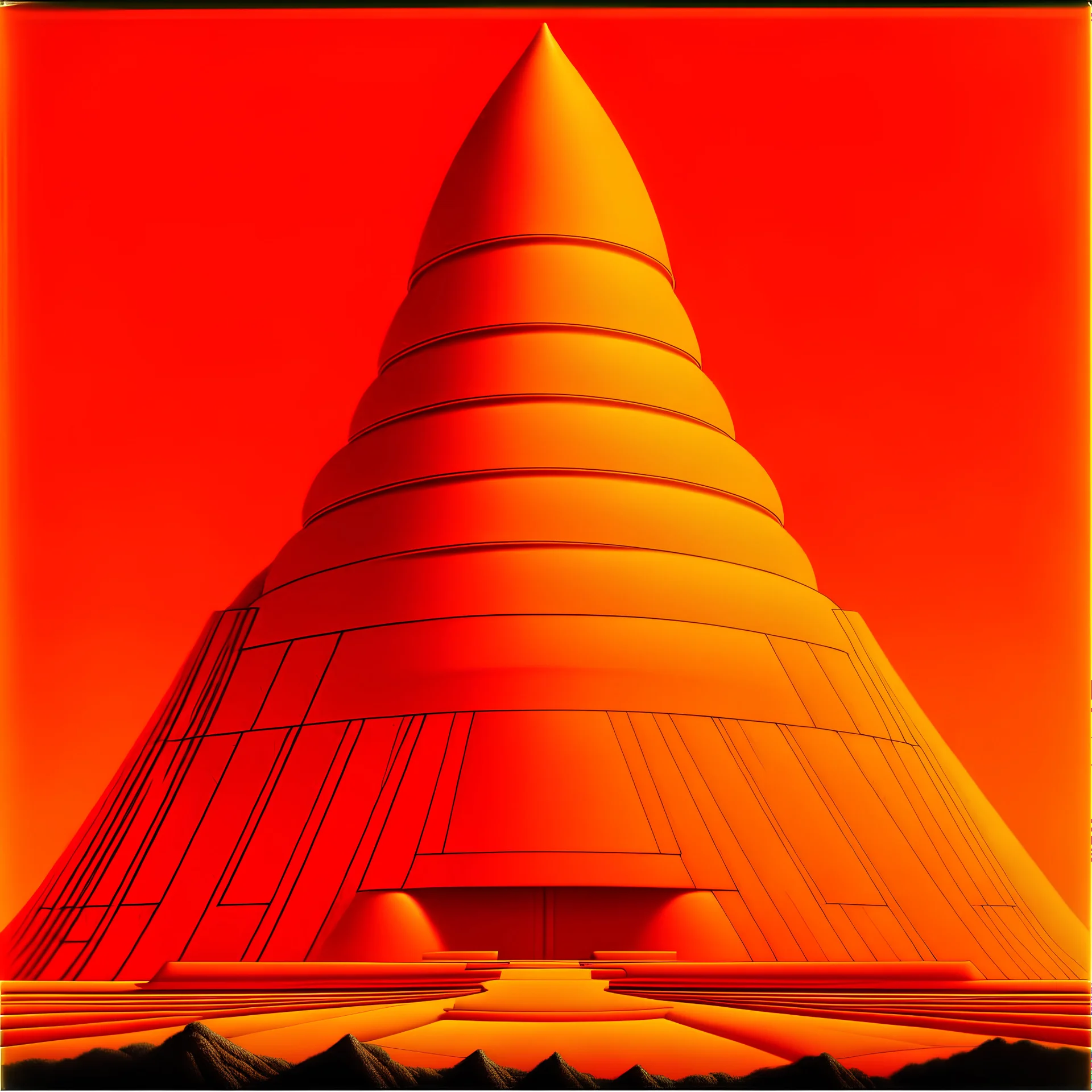 An orange volcano with pillars painted by Frank Lloyd Wright