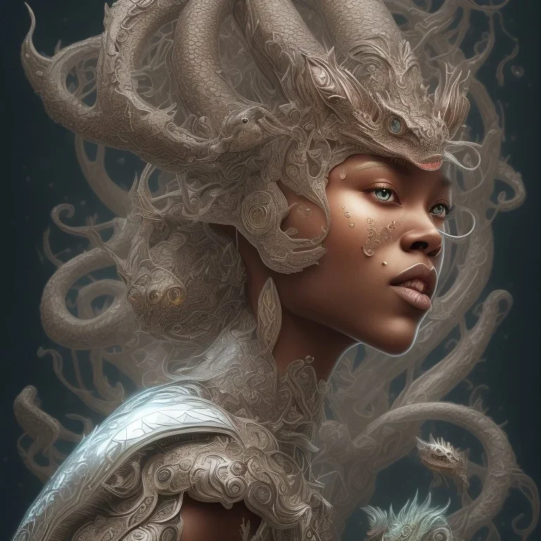 sango fantasy, fantasy magic, intricate, sharp focus, illustration, highly detailed, digital painting, concept art, matte, artgerm and paul lewin and kehinde wiley, masterpiece sexy lips Asian afro lips black African lady body mermaid Dragon head silver bright rain lady outer space mermaid pretty skull head