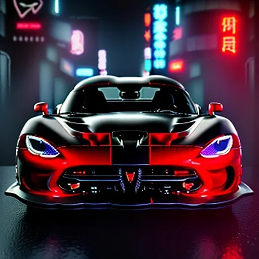 realistic black dodge viper; in an alternate universe in tokyo; cyberpunk; rain; neon signs