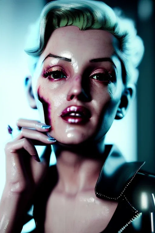 Ultra Realistic image, portrait, blonde woman, sweet Marylin Monroe face, perfect iris, glow eyes, makeup. Cyberpunk style, oversized transparent latex coat, yakuza tattoos. fog, rain, soft color, highly detailed, unreal engine 5, ray tracing, RTX, lumen lighting, ultra detail, volumetric lighting, 3d, finely drawn, high definition, high resolution.