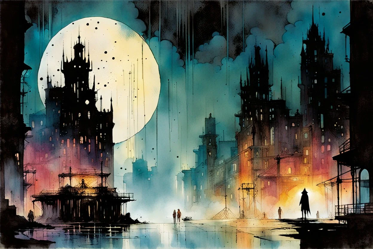 create a wildly conceptual ink wash and watercolor illustration of an ethereal, otherworldly , darkened, antediluvian vampire city, in the comic book art style of Bill Sienkiewicz, Mike Mignola, Sparth, and Jean Giraud Moebius, finely drawn, colored and inked, suffused with dramatic natural light and shadow in heavy rain under a midnight moon