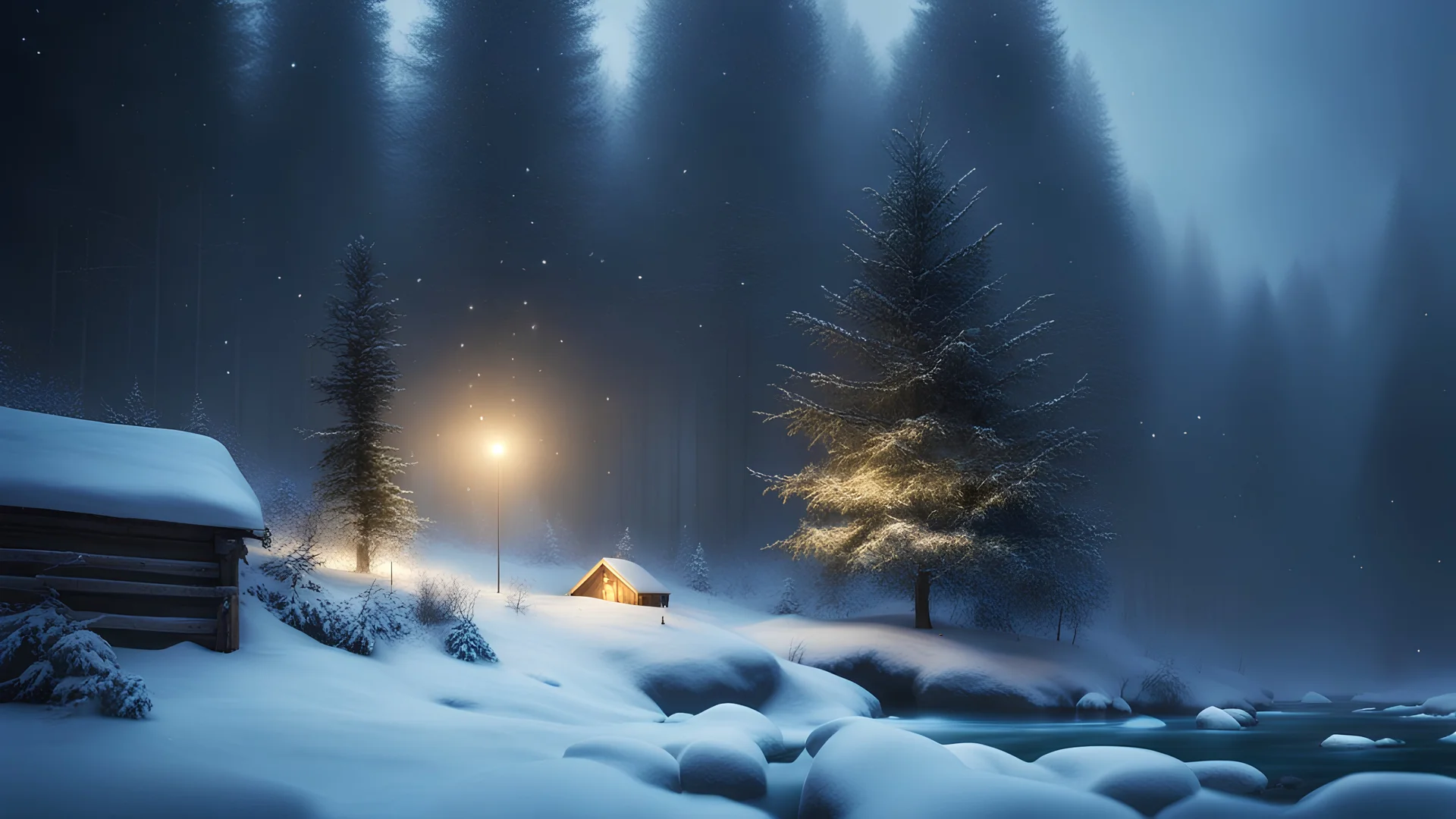 fir forest scenery, heavy mist,,creek,forest,christmas ,tree,fireflies,night,snow,fir tree,high-quality photograph,photorealistic, shot on Hasselblad h6d-400c, zeiss prime lens, bokeh like f/0.8, tilt-shift lens 8k, high detail, smooth render, unreal engine 5, cinema 4d, HDR, dust effect, vivid colors,night