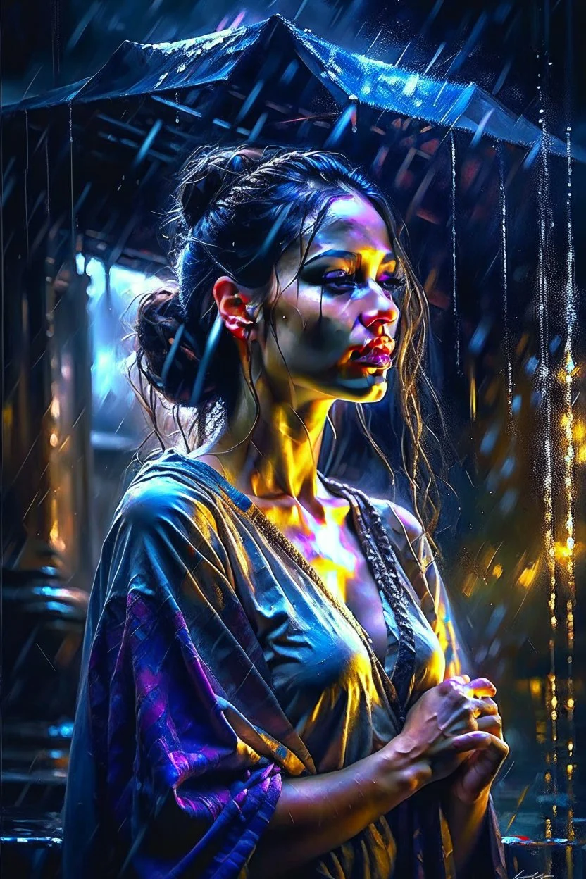 A stunningly elegant woman stands amidst a torrential downpour, captured in breathtaking artwork by renowned artists Abdel Hadi Al Gazzar, Agnes Monica artist, by addie digi, This mesmerizing image portrays the woman's natural beauty amidst the rain, her wet hair clinging gracefully to her face. The artistic medium, whether a painting, photograph, or other artistic creation, brings the scene to life in vivid detail. The image's impeccable quality showcases the impecca