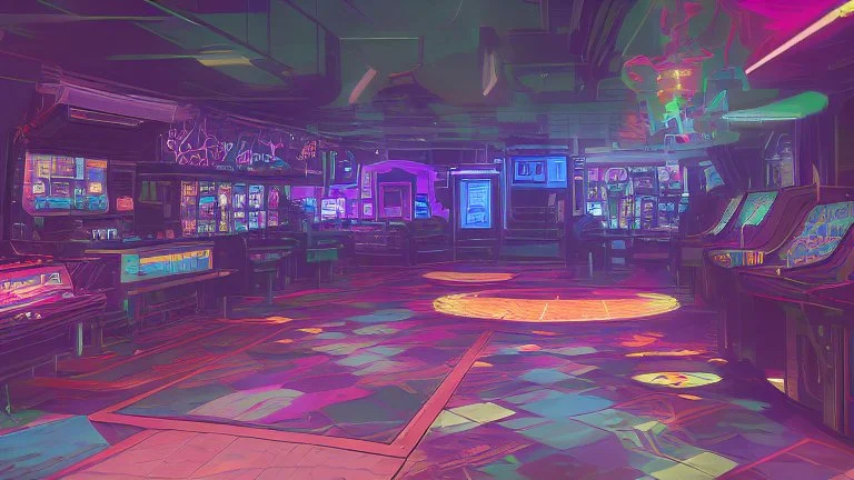 A dark photo of the corners of an 80's aesthetics arcade at night, with a lot of functioning arcade machines, a vaporwave floor and some colorful tiles in between the floor. Purple aesthetics.