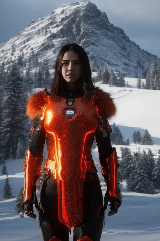 full body portrait of a beautiful girl, wearing glowing orange armor, futuristic armor, relaxed standing posture, nice smile, snowy mountain background, snow, fur cloak, full body, beautiful lighting, warm light, 4k, unreal engine 5