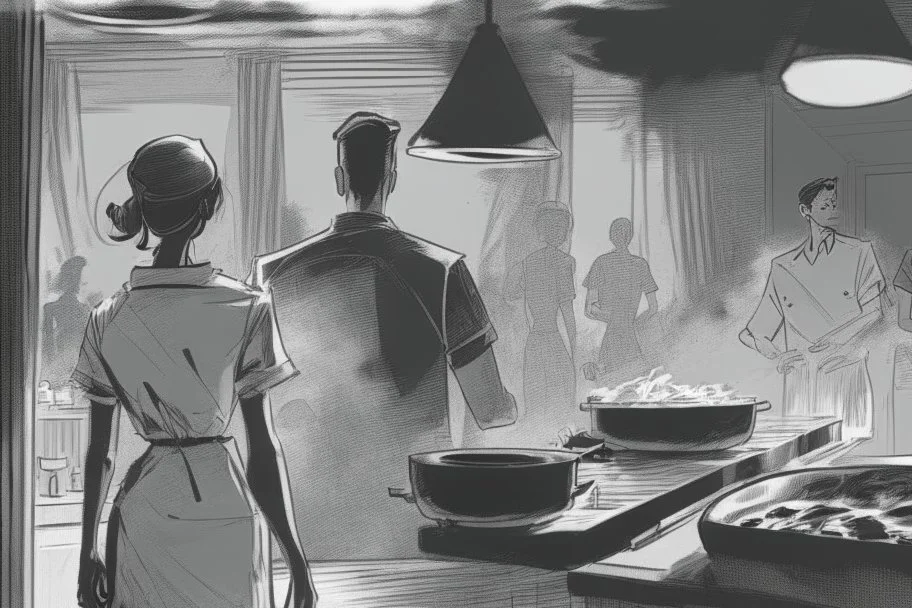 black and white storyboard, wide, on the Foreground there is a man and a girl in profile close to the camera, we see just part of their bodies passing by, and in the background, 3 chefs, scattered throughout the kitchen cooking, frying, cutting