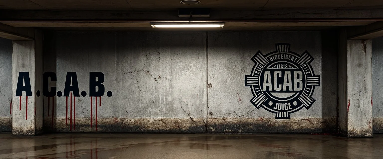 background of wall(wet textured concrete, gray, old, cracked, bullet holes, blood stained, 1 wall light) from underground parking, german style, a large blocky "A.C.A.B." painted on left(old faded paint, red stains running down and past), cyberpunk, mural of a Judge Dredd style badge