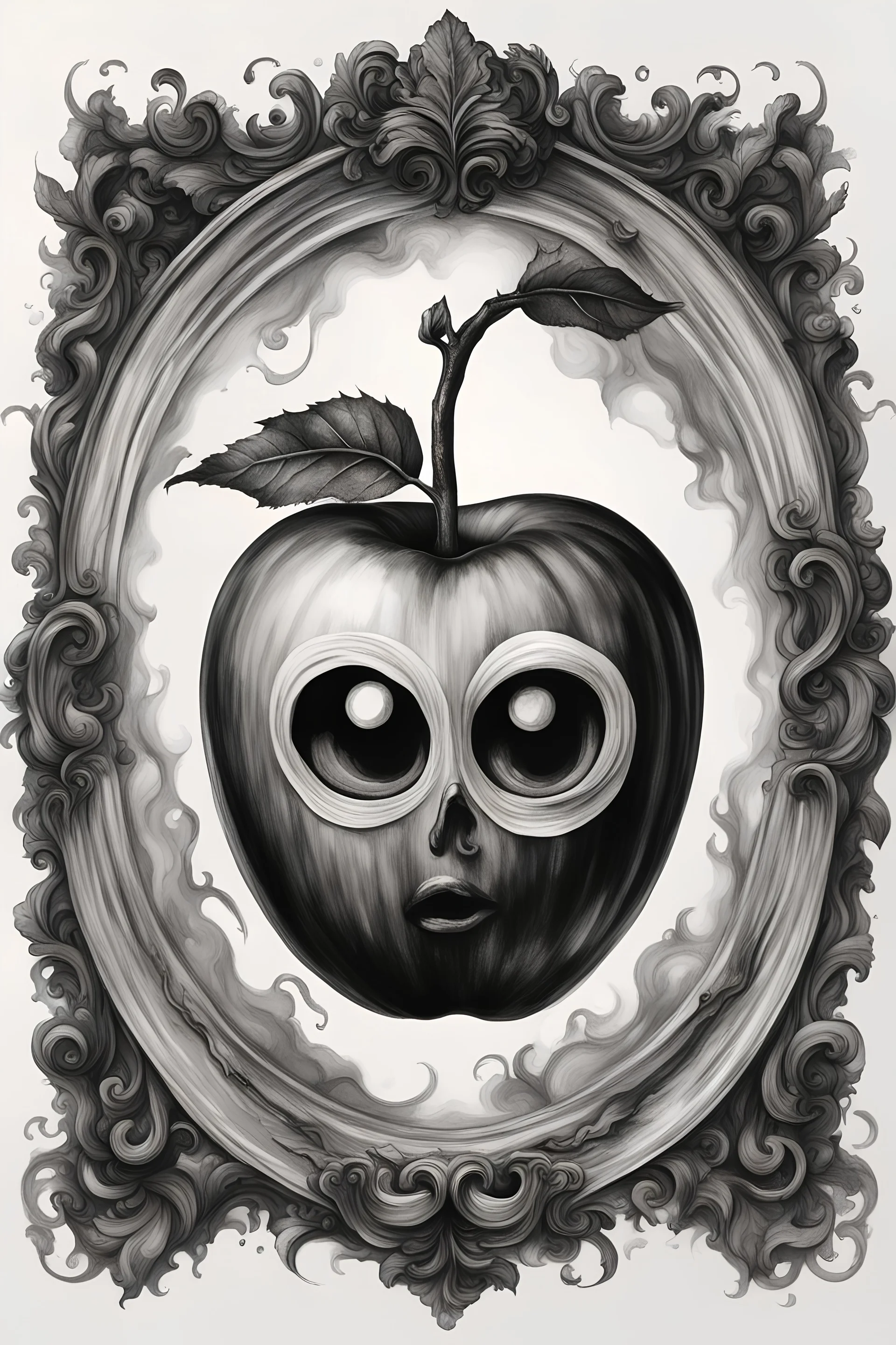 A realistic drawing in negative space black ink on white background of a apple in a mirror baroque with very defined tearing eyes and correct details and brushstrokes smoke around it