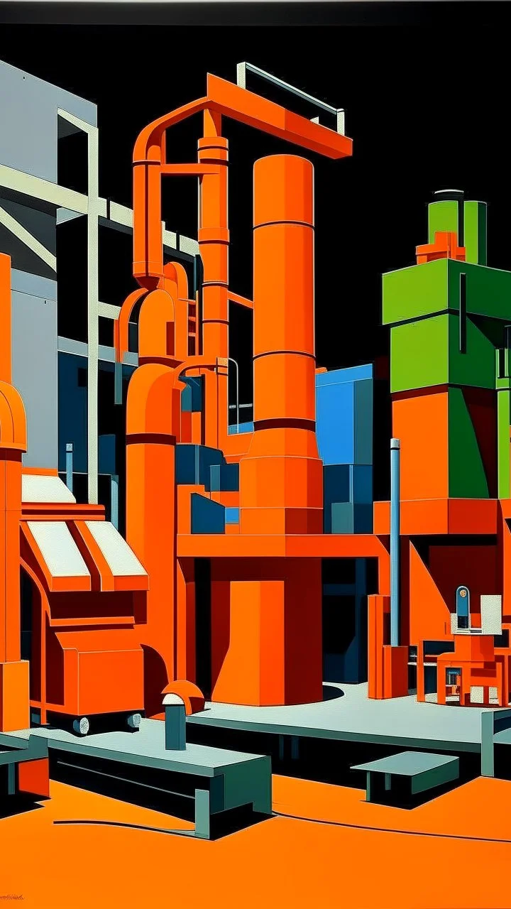 An orange factory with hammer machines painted by Stuart Davis