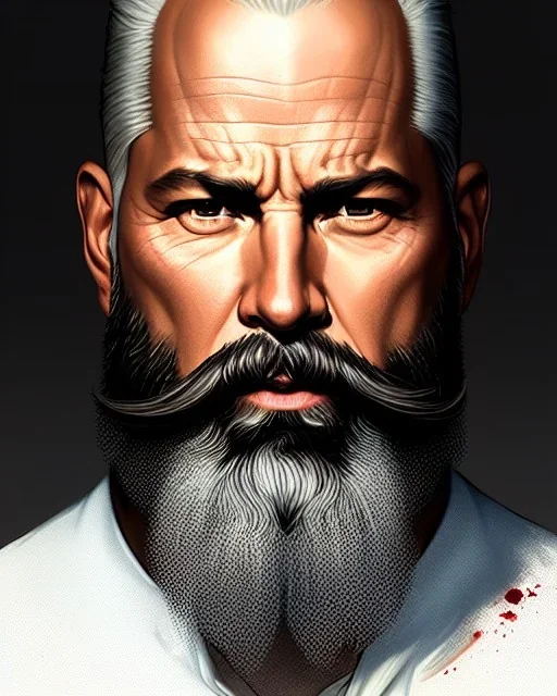 "MIddle aged white human male, with a trimmed but uneven beard, piercing eyes with slick back hair, full-scale head and shoulders portrait, 8k resolution concept art portrait by Greg Rutkowski, Artgerm, WLOP, Alphonse Mucha dynamic lighting hyperdetailed intricately detailed Splash art trending on Artstation triadic colors Unreal Engine 5 volumetric lighting Splash art fantasy"