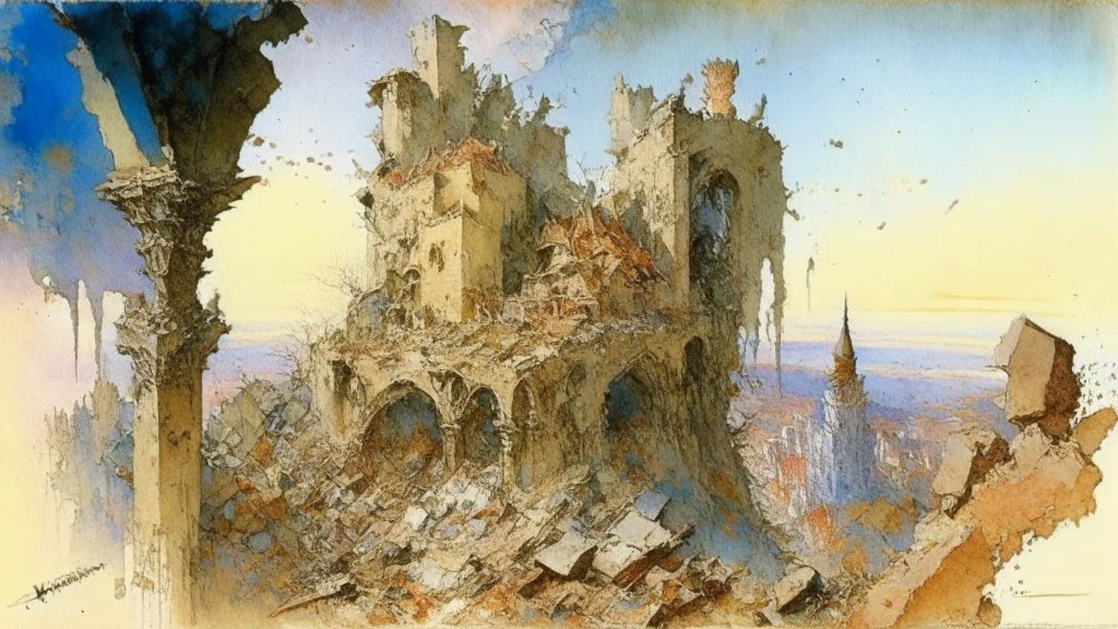 Destroyed City, medieval ruins, debris, stone, breched, brocken, Perspektiv from the sky, by Jean-Baptiste Monge, Ivan Bilibin, Albert Bierstadt, Reza Badrossama, watercolor, intricate details, fantasy, beautiful, oil on canvas, award winning, imperial colours, fantastic view, radient colours, very attractive, crisp quality