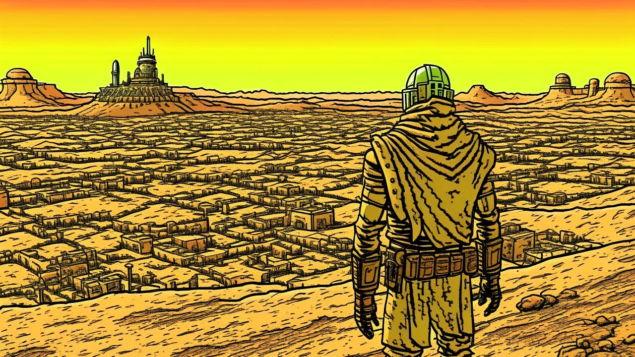 Desert warrior from behind looking at a city in the distance, comic style