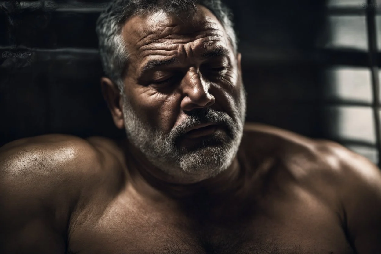 close up photography of a sweat dirty marocan prisoner in cell sleeping lying down on a bed , manly chest, muscular hairy shirtless, muscular strong chubby 56 years old, low lights, ajar mouth, short beard, misery and poverty, dim light enters from a skylight above, lights from above, photorealistic, ambient occlusion, aerial view