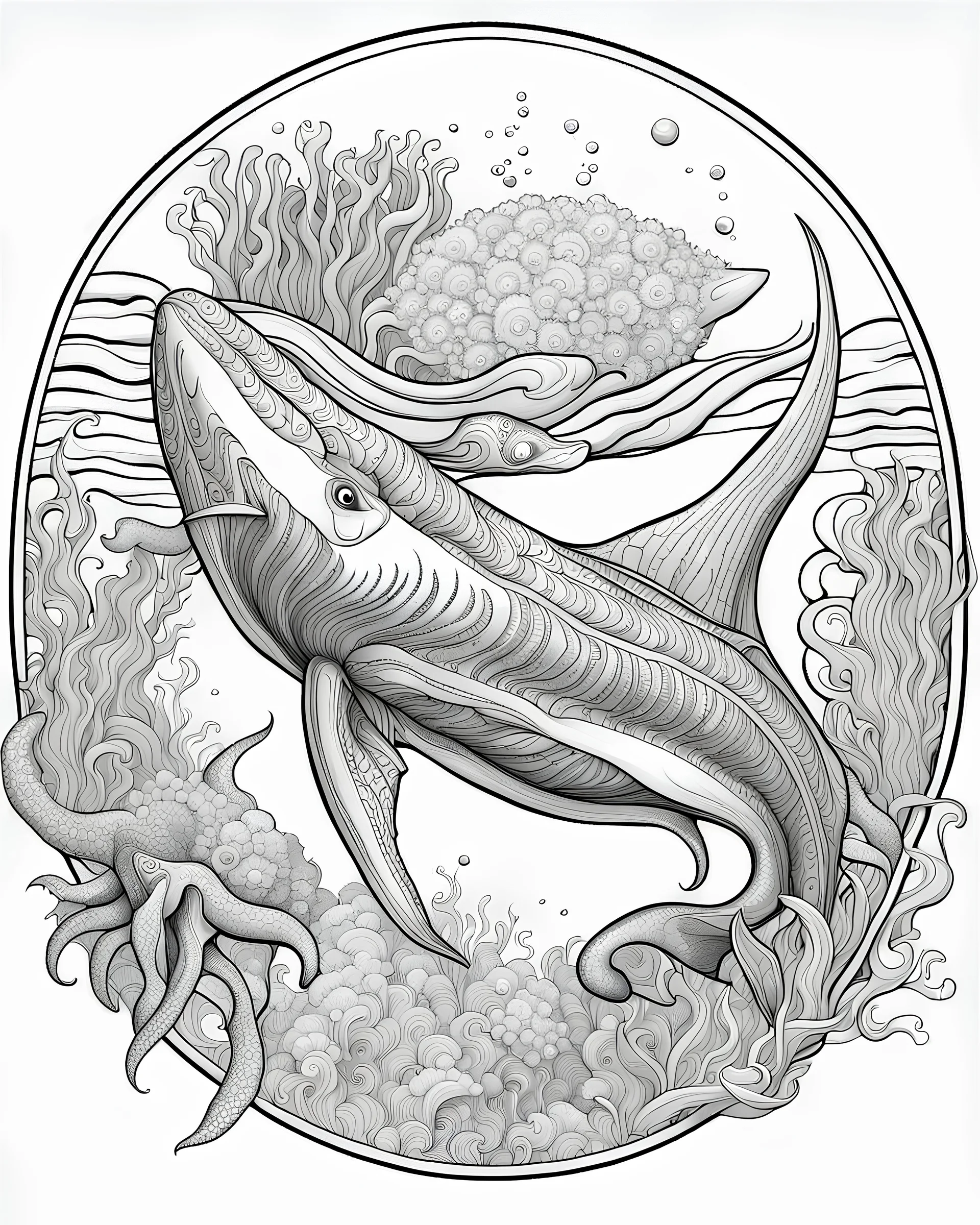 B/W outline art,coloring book page, full white, super detailed illustration for adult,"Abstract Artistic Sea Life", crisp line, line art, high resolution,cartoon style, smooth, law details, no shading, no fill, white background, clean line art, Sketch style.