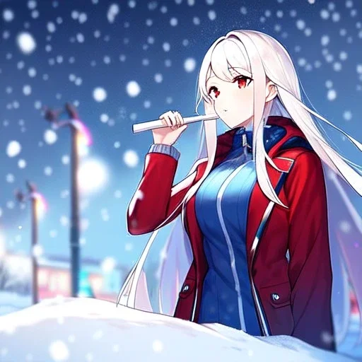 Clear focus, 8k, high quality, detailed, beautiful lighting, girl, vibrant colors, white long hair, vibrant red eyes, jacket, snowing, playing in snow,